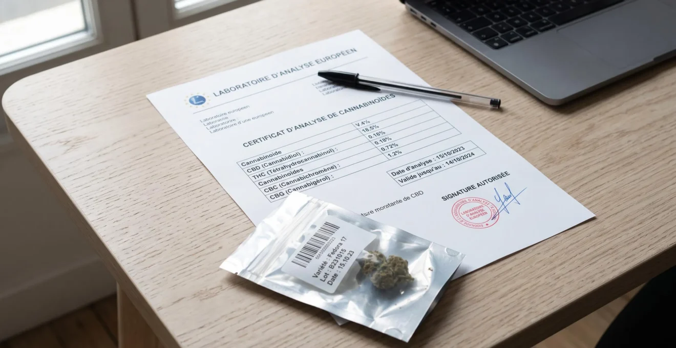 Bureau en chêne blanchi avec certificat d'analyse laboratoire français format A4 montrant résultats cannabinoïdes CBD THC CBC avec tampon officiel et signature, fleur de CBD en sachet scellé transparent au premier plan, stylo Bic noir posé sur document