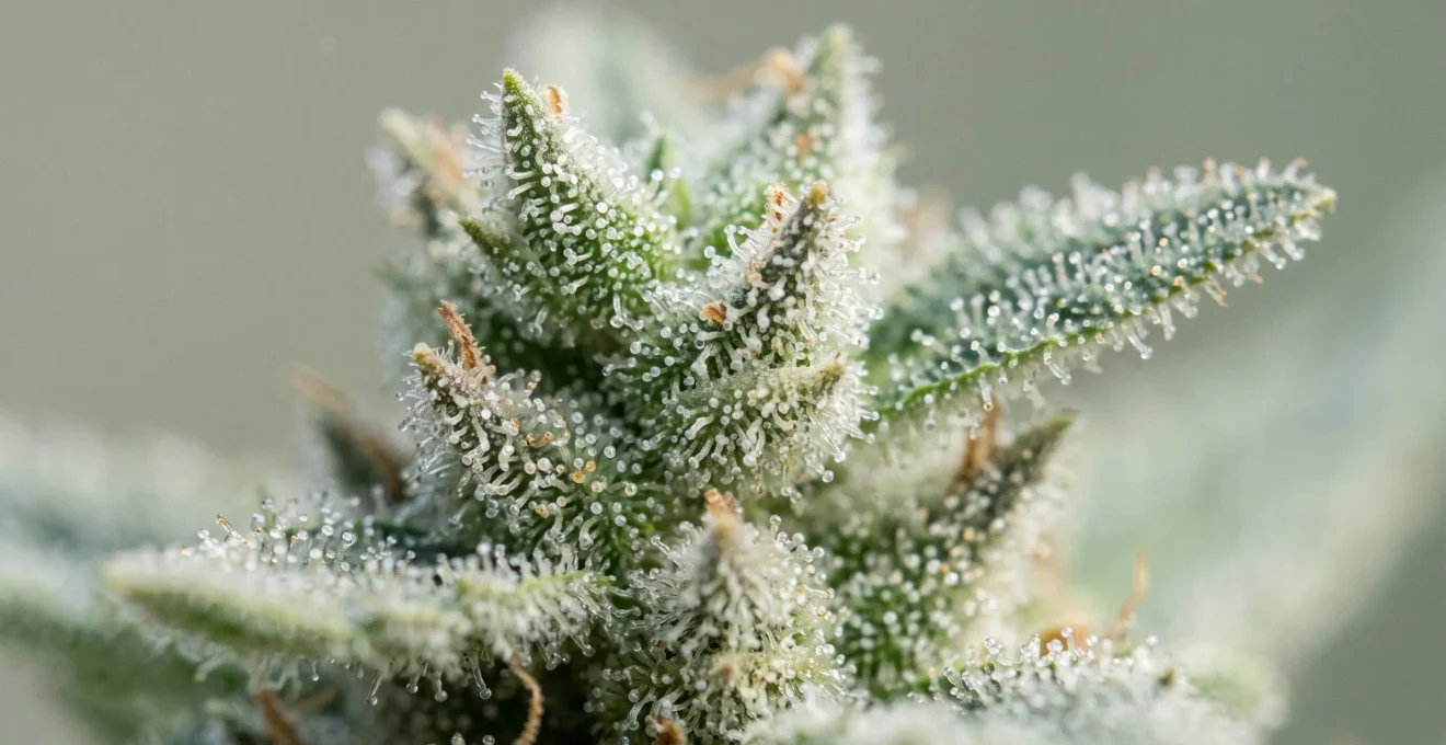 Gros plan macro d'une fleur de CBD montrant la densité de trichomes cristallins translucides en forme de champignons miniatures remplis de résine ambrée, éclairés en lumière rasante sur fond vert doux flou