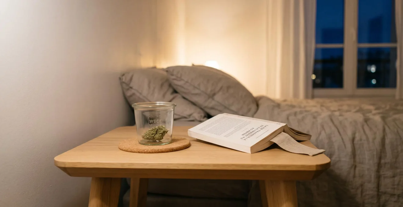 Table de chevet scandinave en chêne clair avec bocal en verre transparent contenant une fleur de CBD verte, livre français ouvert et marque-page en lin beige, éclairage tamisé doré de lampe de chevet créant ambiance apaisante de fin de soirée