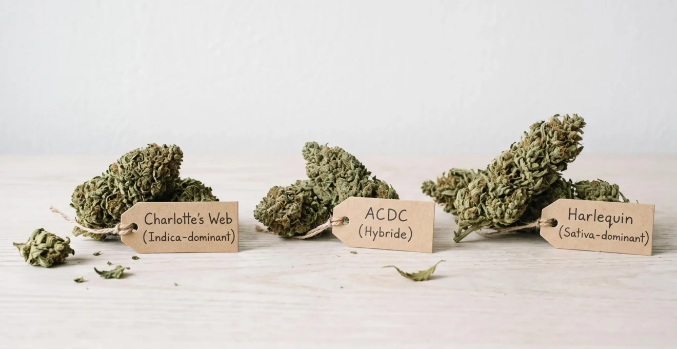 Trois variétés de fleurs de CBD aux morphologies distinctes (bourgeons compacts et structures élancées) disposées sur surface en bois clair avec étiquettes manuscrites en français indiquant les noms Charlotte's Web, ACDC et Harlequin, éclairées par lumière naturelle douce