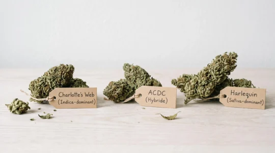 Trois variétés de fleurs de CBD aux morphologies distinctes (bourgeons compacts et structures élancées) disposées sur surface en bois clair avec étiquettes manuscrites en français indiquant les noms Charlotte's Web, ACDC et Harlequin, éclairées par lumière naturelle douce